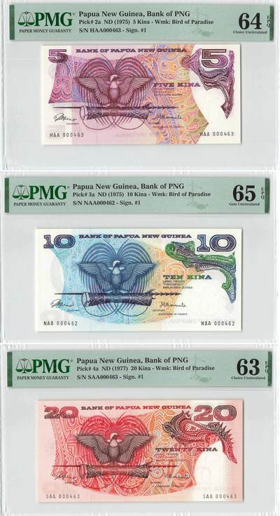 小福收藏拍卖第198期 评级币精选场  本期有菲律宾百位靓号100000比索超大纪念钞 苏里南25000盾花鸟版最高值 柬埔寨珍品56年50瑞尔 南越未发行版最高值打飞机  巴哈马彩背 老挝中国代印57年样钞 匈牙利 斯洛伐克 法罗群岛等多国精美高分珍稀老钞精品纸币 - 巴布亚新几内亚 1975年 5基纳 PMG64 EPQ+ 10基纳 PMG65 EPQ+ 20基纳 PMG63 EPQ 百位小号 （其中2张全同号） 1组3张 季军分