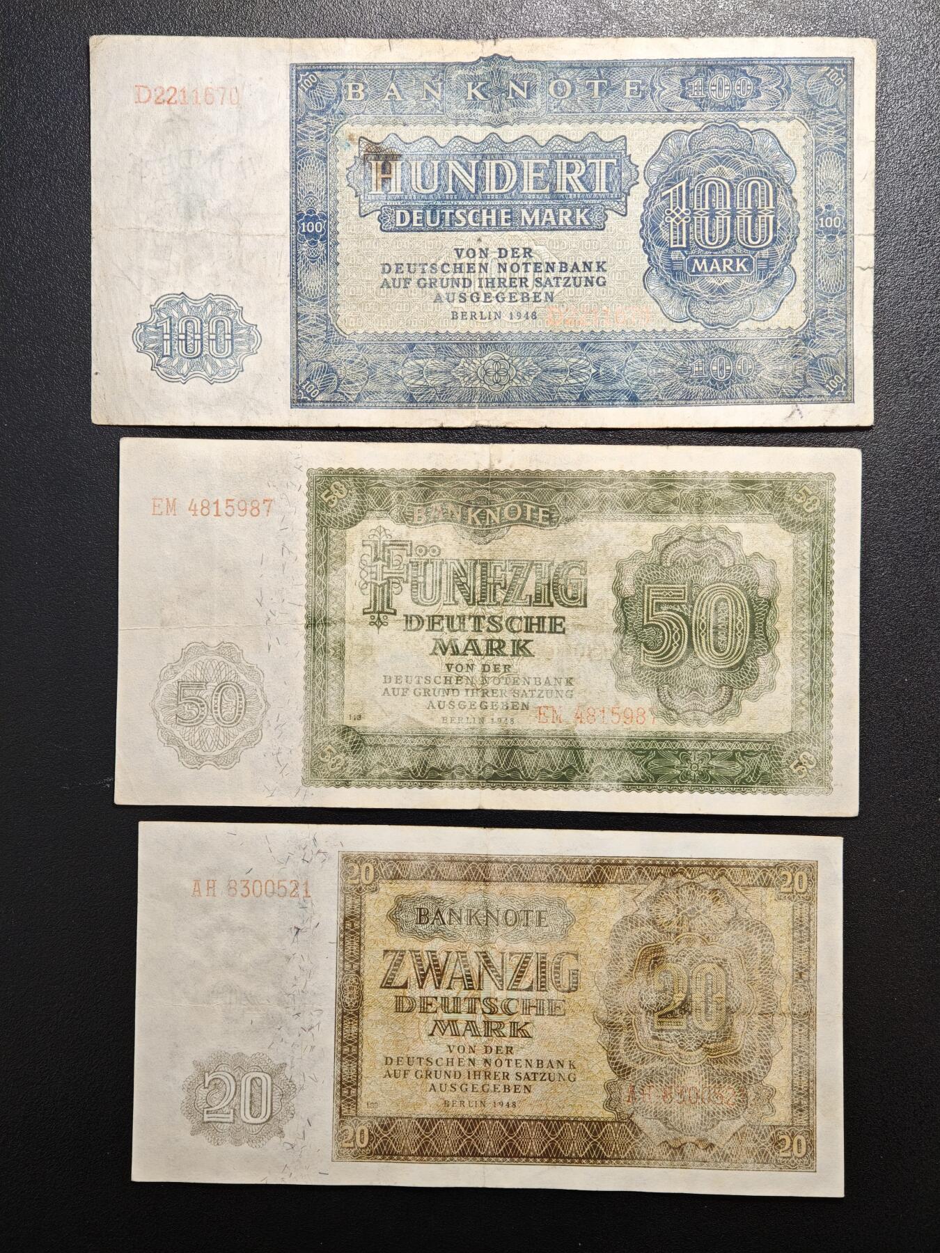 【德藏】世界币章拍卖第159期(元旦专场拍卖) 7张一组 1948年版 德国1、2、5、10、20、50、100马克纸币 二战后西德发行的第一套纸币