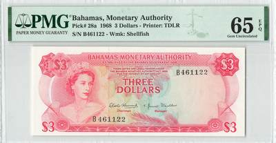 小福收藏拍卖第198期 评级币精选场  本期有菲律宾百位靓号100000比索超大纪念钞 苏里南25000盾花鸟版最高值 柬埔寨珍品56年50瑞尔 南越未发行版最高值打飞机  巴哈马彩背 老挝中国代印57年样钞 匈牙利 斯洛伐克 法罗群岛等多国精美高分珍稀老钞精品纸币 - 巴哈马 1968年 3元 彩背 双尾 PMG65 EPQ