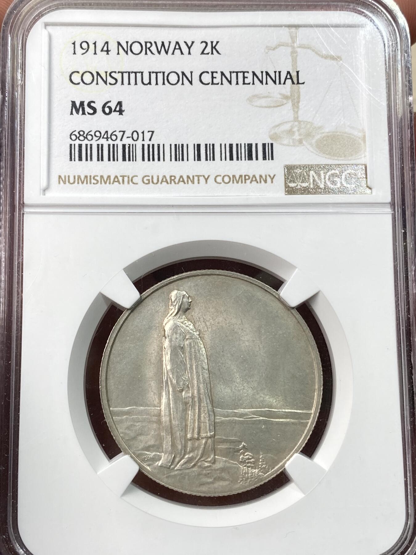 万国钱币拍卖第058期（万国新年大拍） NGC MS64 1914年挪威哈康七世纪念宪法百年2克朗流通纪念银币 挪威皇家造币厂铸 挪威的森林和祖国母亲临海眺望意境空灵