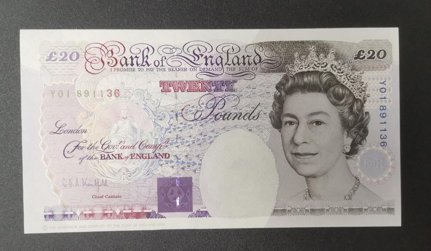 《艾美收藏》第226期-12.28周日外币精品场-蛇年收官 英国E序列初版数字冠版Y01 Column Sort 特殊冠20镑UNC靓号891136 Kentfield签名