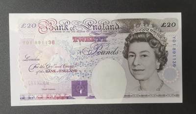 《艾美收藏》第226期-12.28周日外币精品场-蛇年收官 - 英国E序列初版数字冠版Y01 Column Sort 特殊冠20镑UNC靓号891136 Kentfield签名