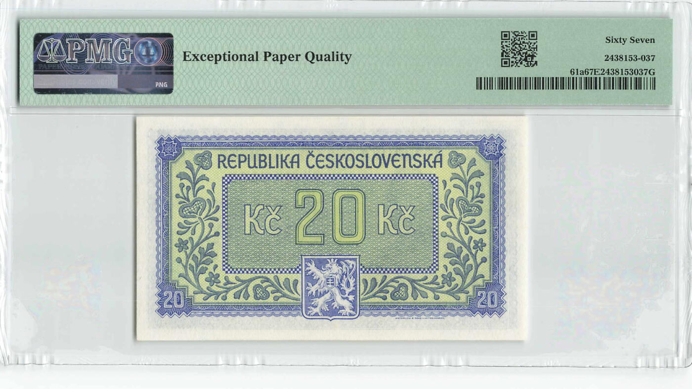 小福收藏拍卖第200期 【庆典场 中拍就有好礼相赠】评级币精选场 本期有捷克斯洛伐克20年100克朗慕夏作品大珍 69分倒置百位号布隆迪世界最大纸币  35年版加拿大经典 苏格兰格拉斯哥大学500年纪念钞倒置小号 卡塔尔80年100里亚尔冠军分 美国教育券 意大利拉斐尔 乌克兰 库克群岛 墨西哥 南斯拉夫 亚美尼亚等多国精美高分珍稀老钞精品纸币 捷克斯洛伐克 1945年 20克朗 少见 实票 双尾 PMG67 EPQ 唯2冠军分！！！