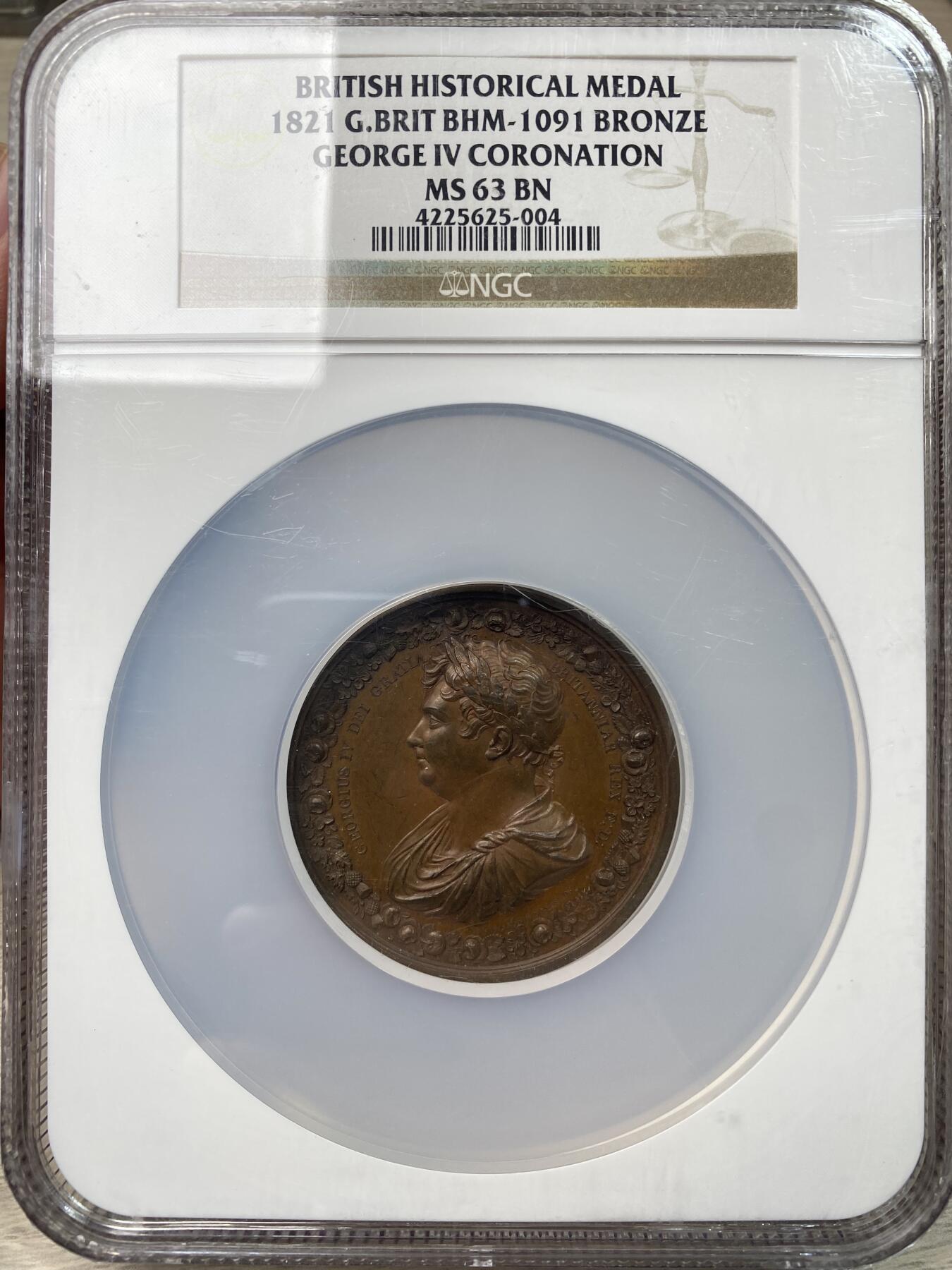 万国钱币拍卖第058期（万国新年大拍） NGC MS63 1821年英国乔治四世克承大统加冕为大不列颠及爱尔兰联合王国及汉诺威国王纪念大铜章 少见巨型大规格版式 高浮雕不列颠三女神为乔四献上桂冠 NGC老盒难得