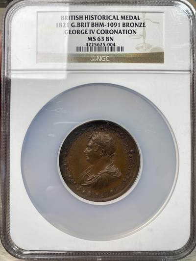 万国钱币拍卖第058期（万国新年大拍） NGC MS63 1821年英国乔治四世克承大统加冕为大不列颠及爱尔兰联合王国及汉诺威国王纪念大铜章 少见巨型大规格版式 高浮雕不列颠三女神为乔四献上桂冠 NGC老盒难得