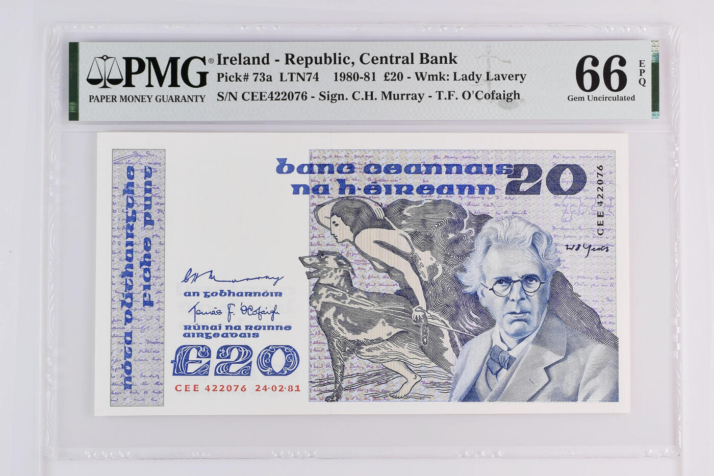 《艾美收藏》第226期-12.28周日外币精品场-蛇年收官 爱尔兰B序列1981年a版20镑PMG66E亚军分 名誉品叶芝 爱尔兰诗人