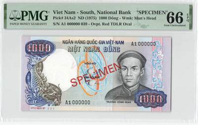 小福收藏拍卖第198期 评级币精选场  本期有菲律宾百位靓号100000比索超大纪念钞 苏里南25000盾花鸟版最高值 柬埔寨珍品56年50瑞尔 南越未发行版最高值打飞机  巴哈马彩背 老挝中国代印57年样钞 匈牙利 斯洛伐克 法罗群岛等多国精美高分珍稀老钞精品纸币 - 南越 1975年 1000盾 样钞 这个品种没有实票 A1首冠 39号 PMG66 EPQ 季军分