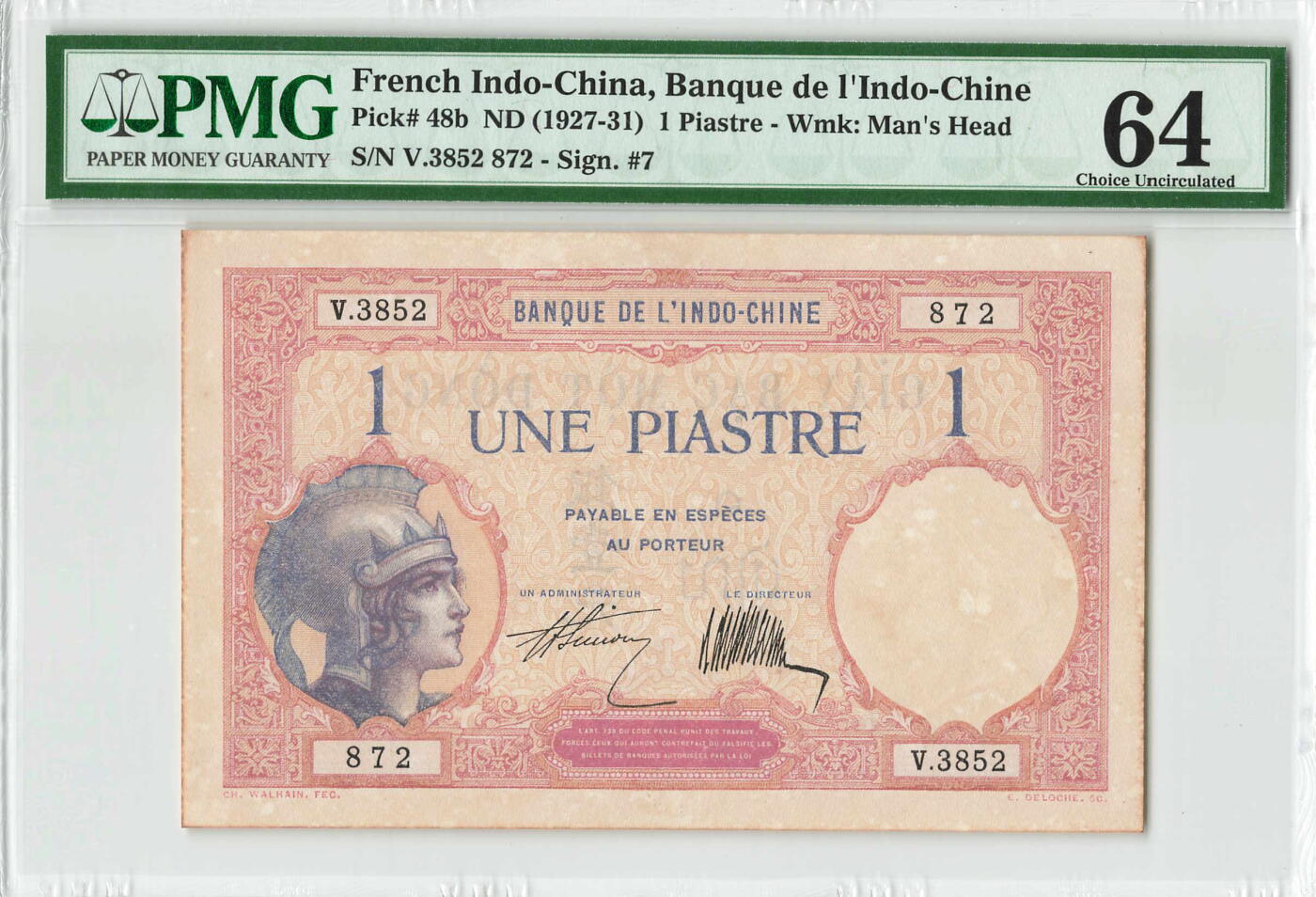 小福收藏拍卖第198期 评级币精选场  本期有菲律宾百位靓号100000比索超大纪念钞 苏里南25000盾花鸟版最高值 柬埔寨珍品56年50瑞尔 南越未发行版最高值打飞机  巴哈马彩背 老挝中国代印57年样钞 匈牙利 斯洛伐克 法罗群岛等多国精美高分珍稀老钞精品纸币 法属印度支那 1927-31年 1皮阿斯特 PMG64