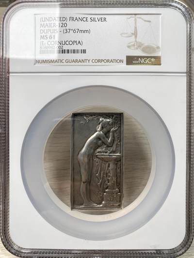 万国钱币拍卖第058期（万国新年大拍） NGC MS61 1880-19世纪初法国第三共和国少女“泉”方形大银章 法国雕刻家丹尼尔·杜普伊斯名作之一 小天使下方石碑未签名状态非常漂亮 55.89G左右