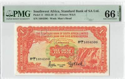 小福收藏拍卖第200期 【庆典场 中拍就有好礼相赠】评级币精选场 本期有捷克斯洛伐克20年100克朗慕夏作品大珍 69分倒置百位号布隆迪世界最大纸币  35年版加拿大经典 苏格兰格拉斯哥大学500年纪念钞倒置小号 卡塔尔80年100里亚尔冠军分 美国教育券 意大利拉斐尔 乌克兰 库克群岛 墨西哥 南斯拉夫 亚美尼亚等多国精美高分珍稀老钞精品纸币 - 西南非洲 1959年 1镑 PMG66 EPQ 唯2冠军分！！！