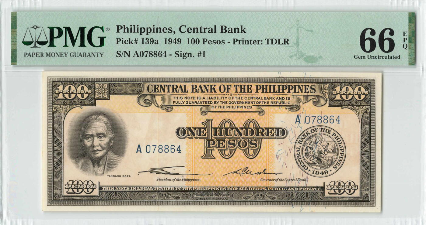 小福收藏拍卖第198期 评级币精选场  本期有菲律宾百位靓号100000比索超大纪念钞 苏里南25000盾花鸟版最高值 柬埔寨珍品56年50瑞尔 南越未发行版最高值打飞机  巴哈马彩背 老挝中国代印57年样钞 匈牙利 斯洛伐克 法罗群岛等多国精美高分珍稀老钞精品纸币 菲律宾 1949年 100比索 A冠 PMG66 EPQ 亚军分