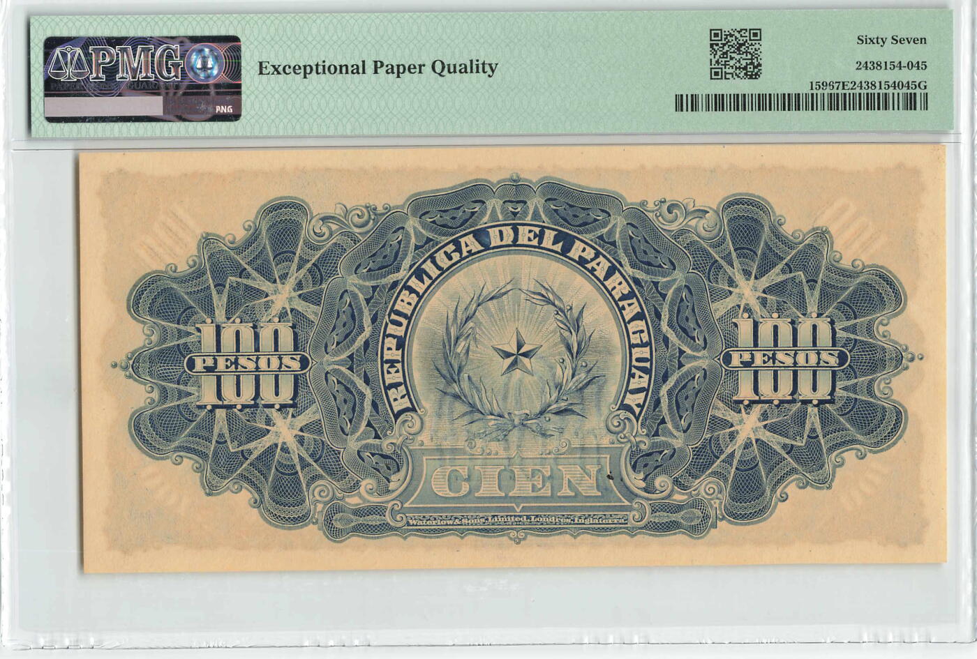 小福收藏拍卖第198期 评级币精选场  本期有菲律宾百位靓号100000比索超大纪念钞 苏里南25000盾花鸟版最高值 柬埔寨珍品56年50瑞尔 南越未发行版最高值打飞机  巴哈马彩背 老挝中国代印57年样钞 匈牙利 斯洛伐克 法罗群岛等多国精美高分珍稀老钞精品纸币 巴拉圭 1907年 100比索 A冠 大票幅 A冠 数3 倒置号0010091 PMG67 EPQ 冠军分！！！