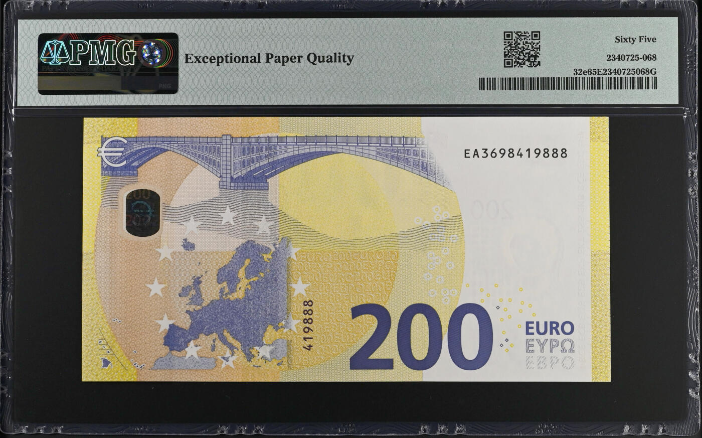 《艾美收藏》第226期-12.28周日外币精品场-蛇年收官 欧盟2019年四签法国版200欧元PMG65E豹子888 原票全新品相