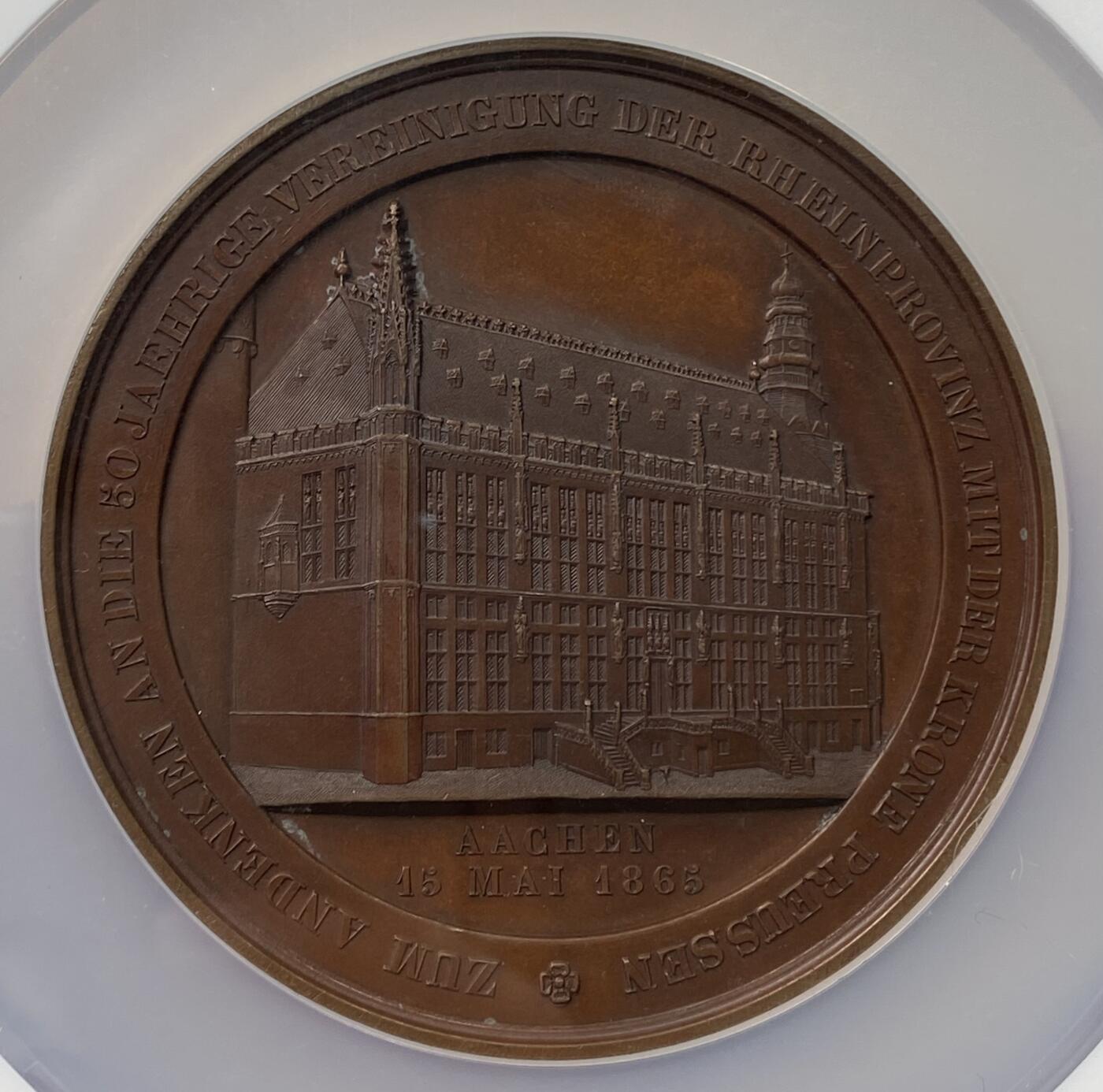 万国钱币拍卖第058期（万国新年大拍） NGC MS62 1865年德国老三皇（普鲁士威廉三世、四世，帝国威廉一世）纪念亚琛市政厅建成大铜章 高浮雕大规格原铜色巨型 70MM 126G