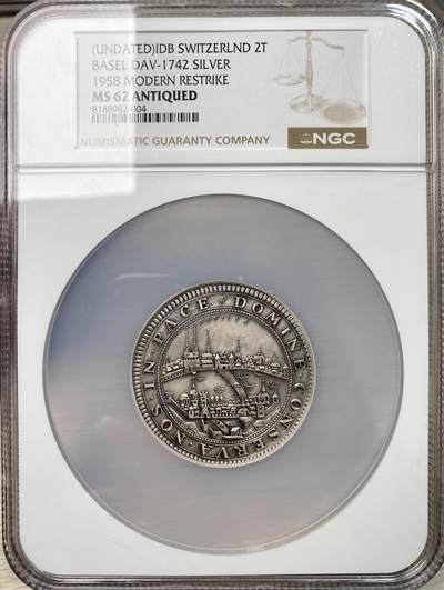 万国钱币拍卖第058期（万国新年大拍） NGC MS62 1958年瑞士后铸巴塞尔城市景观2泰勒大银币 复古做旧工艺好状态