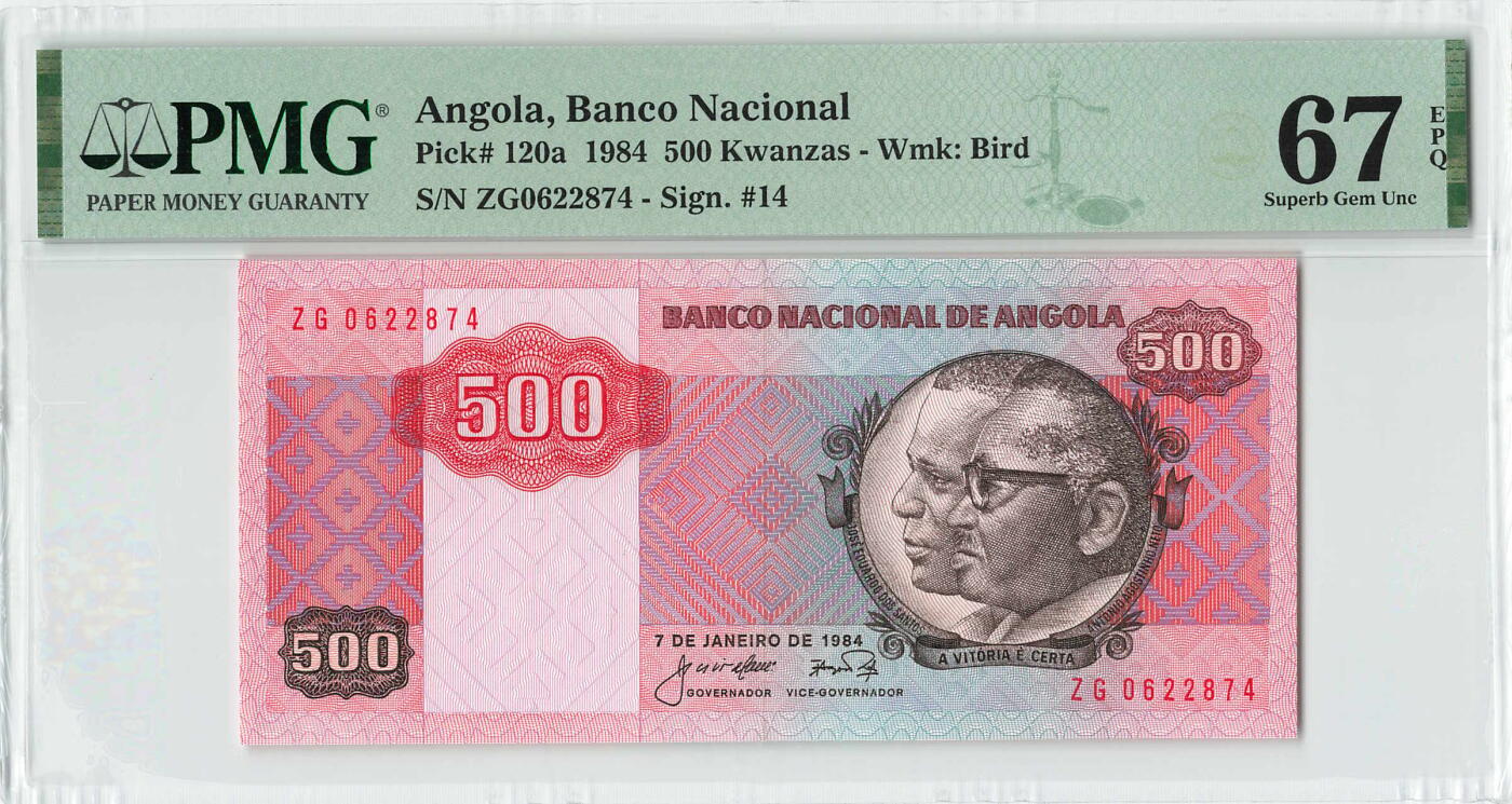 小福收藏拍卖第198期 评级币精选场  本期有菲律宾百位靓号100000比索超大纪念钞 苏里南25000盾花鸟版最高值 柬埔寨珍品56年50瑞尔 南越未发行版最高值打飞机  巴哈马彩背 老挝中国代印57年样钞 匈牙利 斯洛伐克 法罗群岛等多国精美高分珍稀老钞精品纸币 安哥拉 1984年 500宽扎 PMG67 EPQ 唯2冠军分！！！