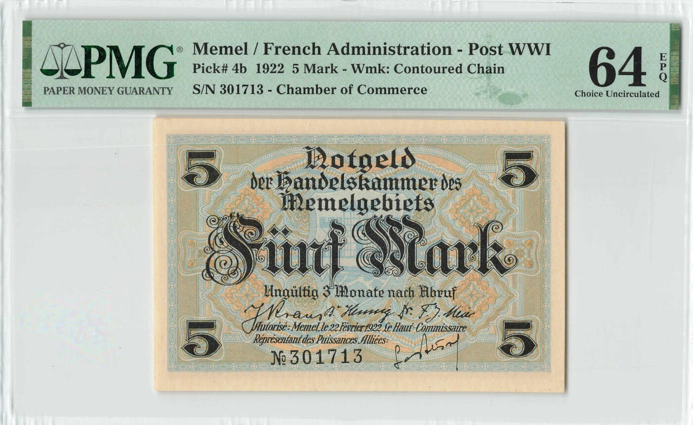 小福收藏拍卖第200期 【庆典场 中拍就有好礼相赠】评级币精选场 本期有捷克斯洛伐克20年100克朗慕夏作品大珍 69分倒置百位号布隆迪世界最大纸币  35年版加拿大经典 苏格兰格拉斯哥大学500年纪念钞倒置小号 卡塔尔80年100里亚尔冠军分 美国教育券 意大利拉斐尔 乌克兰 库克群岛 墨西哥 南斯拉夫 亚美尼亚等多国精美高分珍稀老钞精品纸币 梅梅尔 1922年 5马克 百年老钞 PMG64 EPQ 