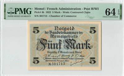 小福收藏拍卖第200期 【庆典场 中拍就有好礼相赠】评级币精选场 本期有捷克斯洛伐克20年100克朗慕夏作品大珍 69分倒置百位号布隆迪世界最大纸币  35年版加拿大经典 苏格兰格拉斯哥大学500年纪念钞倒置小号 卡塔尔80年100里亚尔冠军分 美国教育券 意大利拉斐尔 乌克兰 库克群岛 墨西哥 南斯拉夫 亚美尼亚等多国精美高分珍稀老钞精品纸币 - 梅梅尔 1922年 5马克 百年老钞 PMG64 EPQ 