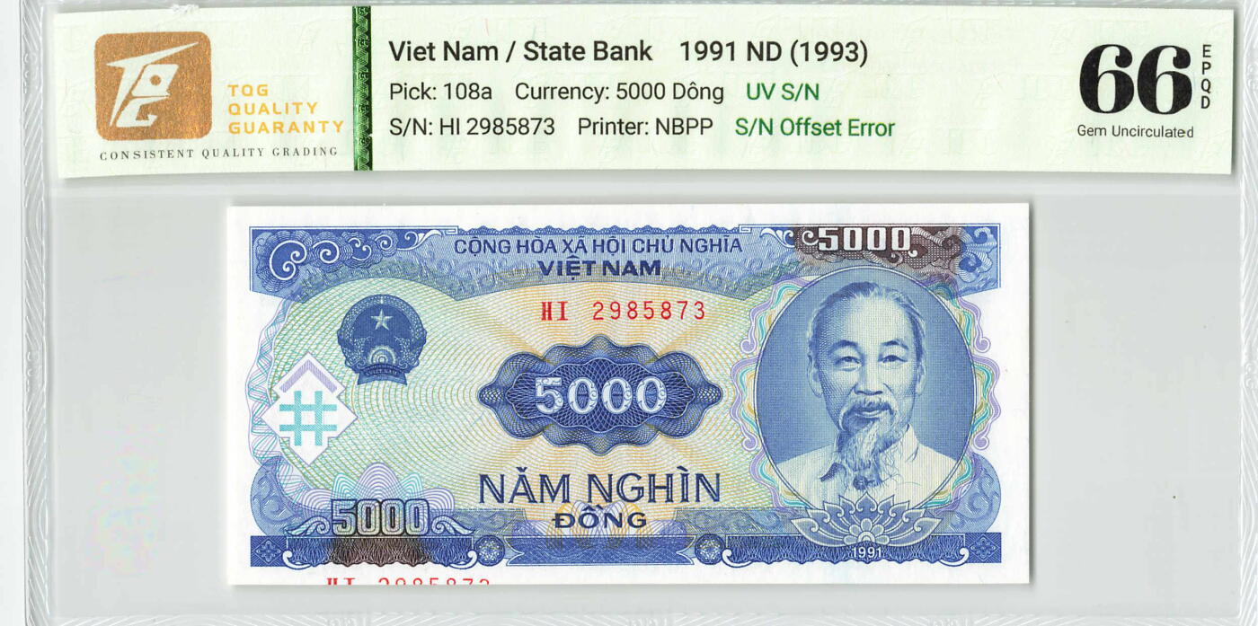 小福收藏拍卖第198期 评级币精选场  本期有菲律宾百位靓号100000比索超大纪念钞 苏里南25000盾花鸟版最高值 柬埔寨珍品56年50瑞尔 南越未发行版最高值打飞机  巴哈马彩背 老挝中国代印57年样钞 匈牙利 斯洛伐克 法罗群岛等多国精美高分珍稀老钞精品纸币 越南 1991年 5000盾 序列号印刷偏移 错版 TQG66 EPQD