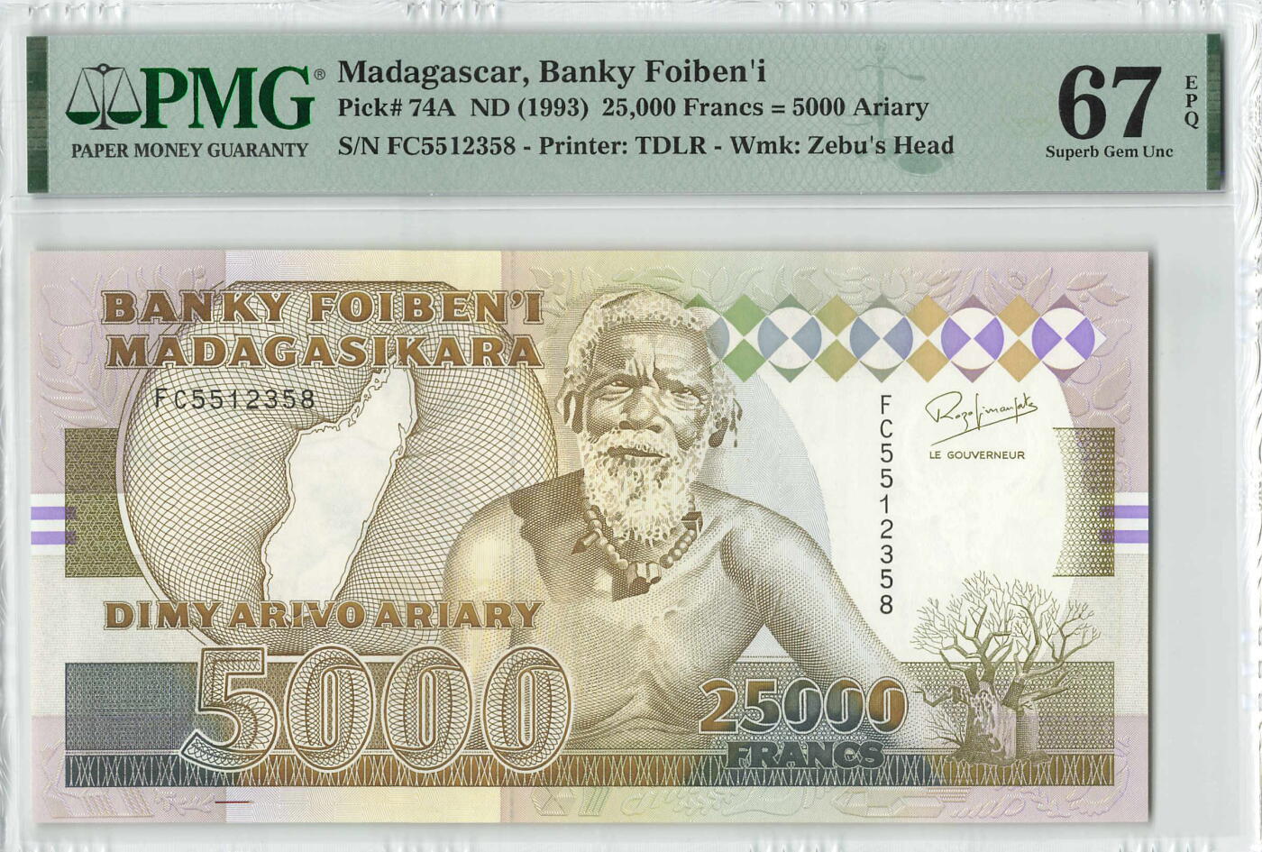 小福收藏拍卖第200期 【庆典场 中拍就有好礼相赠】评级币精选场 本期有捷克斯洛伐克20年100克朗慕夏作品大珍 69分倒置百位号布隆迪世界最大纸币  35年版加拿大经典 苏格兰格拉斯哥大学500年纪念钞倒置小号 卡塔尔80年100里亚尔冠军分 美国教育券 意大利拉斐尔 乌克兰 库克群岛 墨西哥 南斯拉夫 亚美尼亚等多国精美高分珍稀老钞精品纸币 马达加斯加 1993年 5000阿里亚里 25000法郎 靓号5512358 双面值 大票幅 PMG67 EPQ 季军分