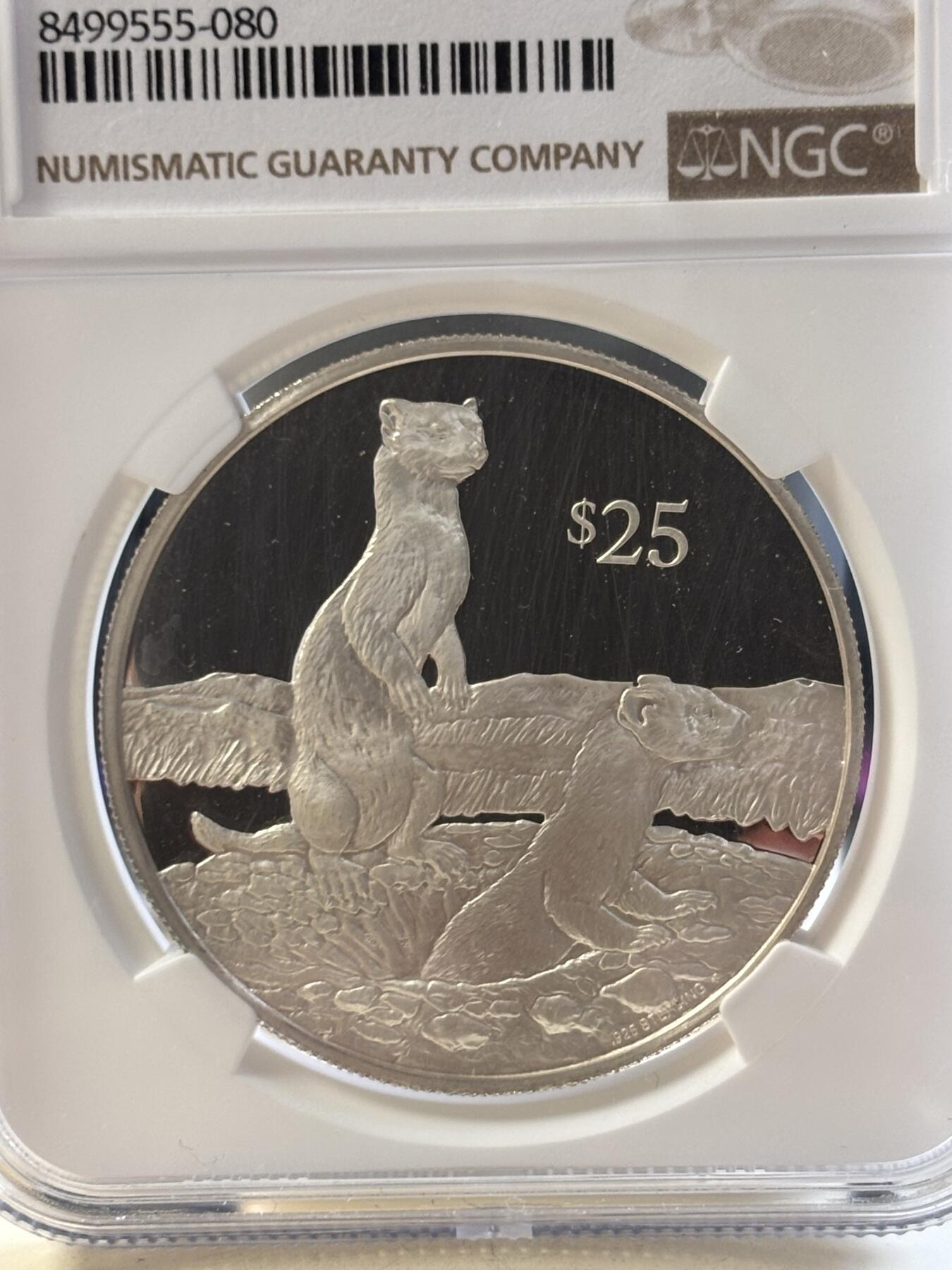 第186期拍卖 维尔京1993年动物黑脚雪貂21.59克银币NGC-PF67,925银