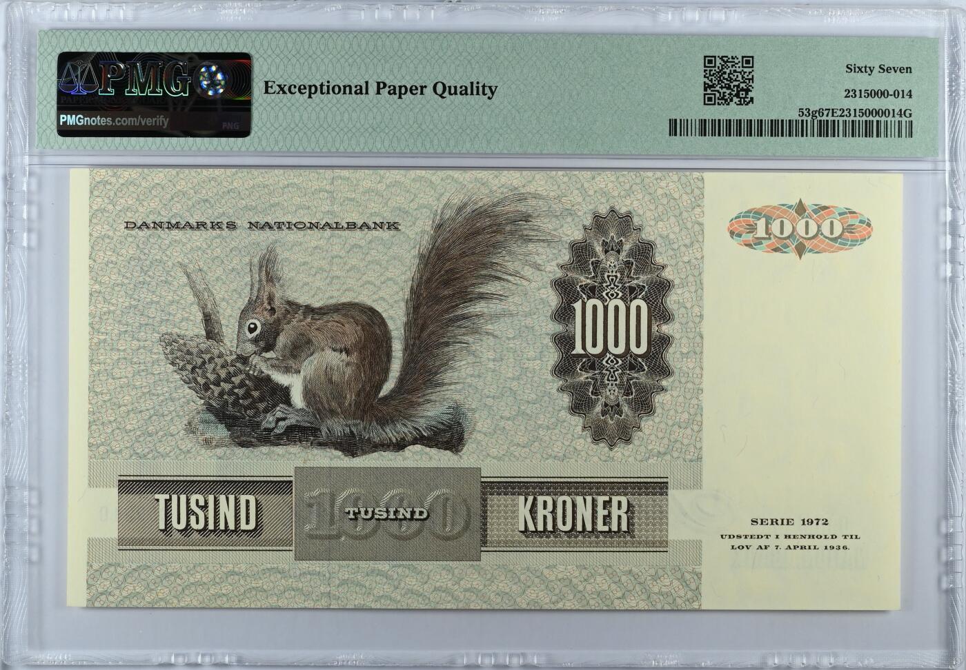 《艾美收藏》第226期-12.28周日外币精品场-蛇年收官 丹麦1992年1000克朗最高值PMG67E高分尾8 名誉品大松鼠 顶级雕刻 栩栩如生 Pick#53g