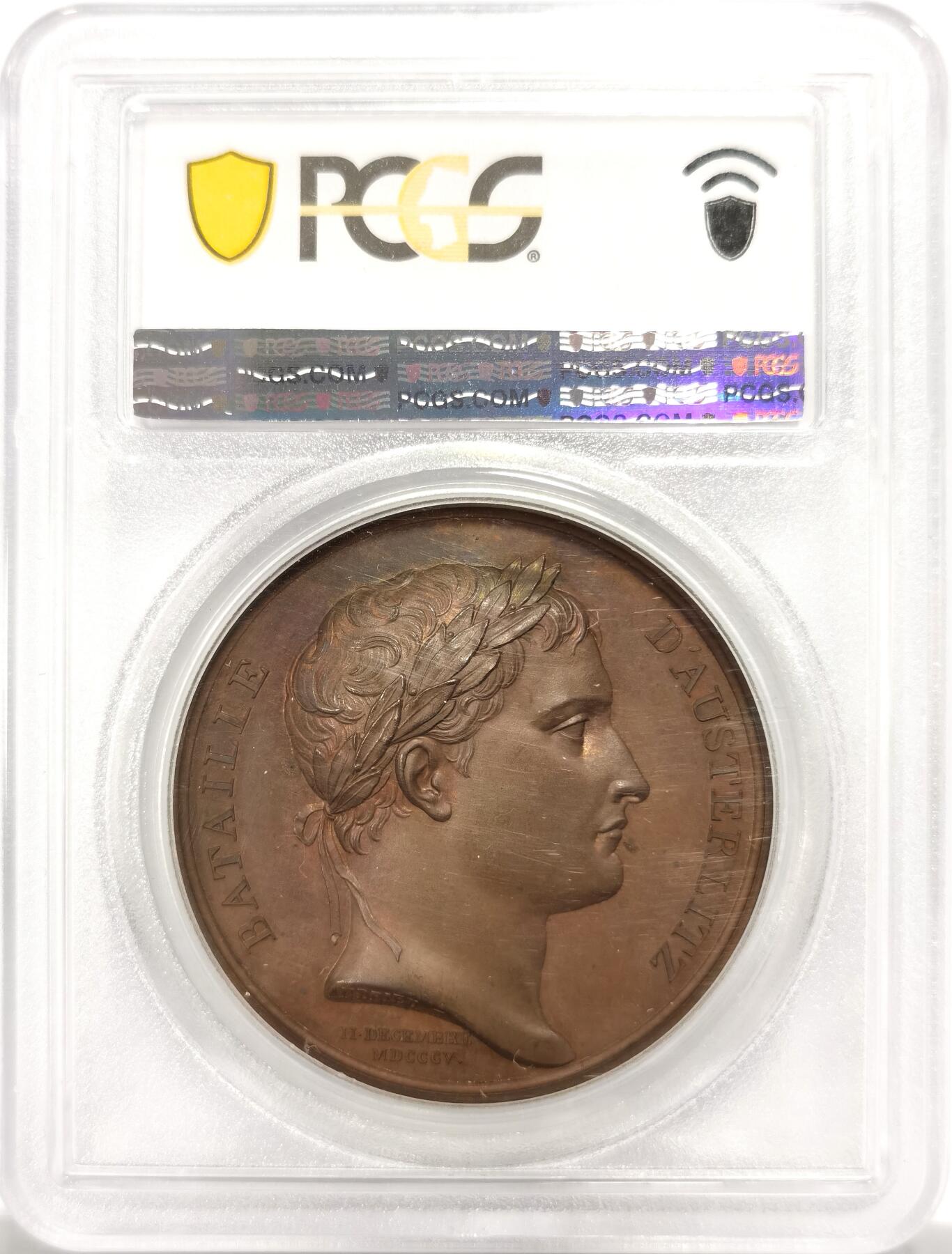 博洋堂世界钱币拍卖第154期（全场包邮） PCGS SP64 法国1805年拿破仑奥斯特里茨三皇会战原铸铜章 巴黎造币厂完美巧克力包浆 稀少珍贵品种 正面是反法同盟一方：左侧俄国沙皇亚历山大一世，右侧奥地利神罗皇帝弗朗茨二世，背面是独享一面的主角——大破俄奥联军的法兰西大皇帝拿破仑，1805年拿破仑天才的指挥在奥斯特里茨大胜，打散了第三次反法同盟，弗朗茨二世被迫取消了自己神罗皇帝封号，拿皇真正成为欧洲的霸主，开启了自己的极盛时期 此种纯人