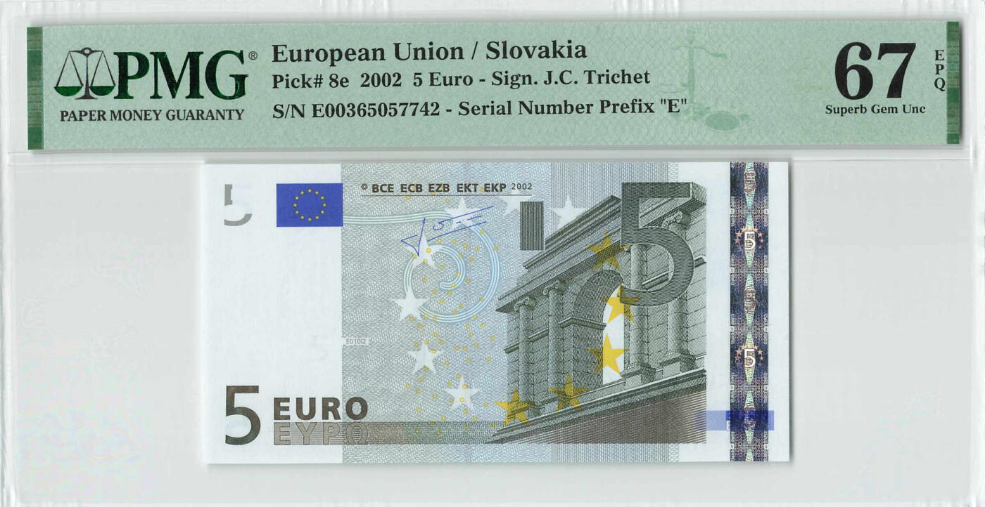 小福收藏拍卖第198期 评级币精选场  本期有菲律宾百位靓号100000比索超大纪念钞 苏里南25000盾花鸟版最高值 柬埔寨珍品56年50瑞尔 南越未发行版最高值打飞机  巴哈马彩背 老挝中国代印57年样钞 匈牙利 斯洛伐克 法罗群岛等多国精美高分珍稀老钞精品纸币 斯洛伐克 2002年 5欧元 二签 PMG67 EPQ 季军分