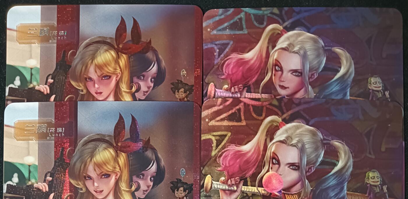 花开卡拍第53期（12月28号周日截拍，品控勿拍!!!拍品不寄存，运费5元，自制卡难免瑕疵，可能存在轻微撞角爆边等出厂瑕疵，品控介意勿拍！） 冰狗卡牌 艺术对卡 兰琪+哈莉奎茵 4张