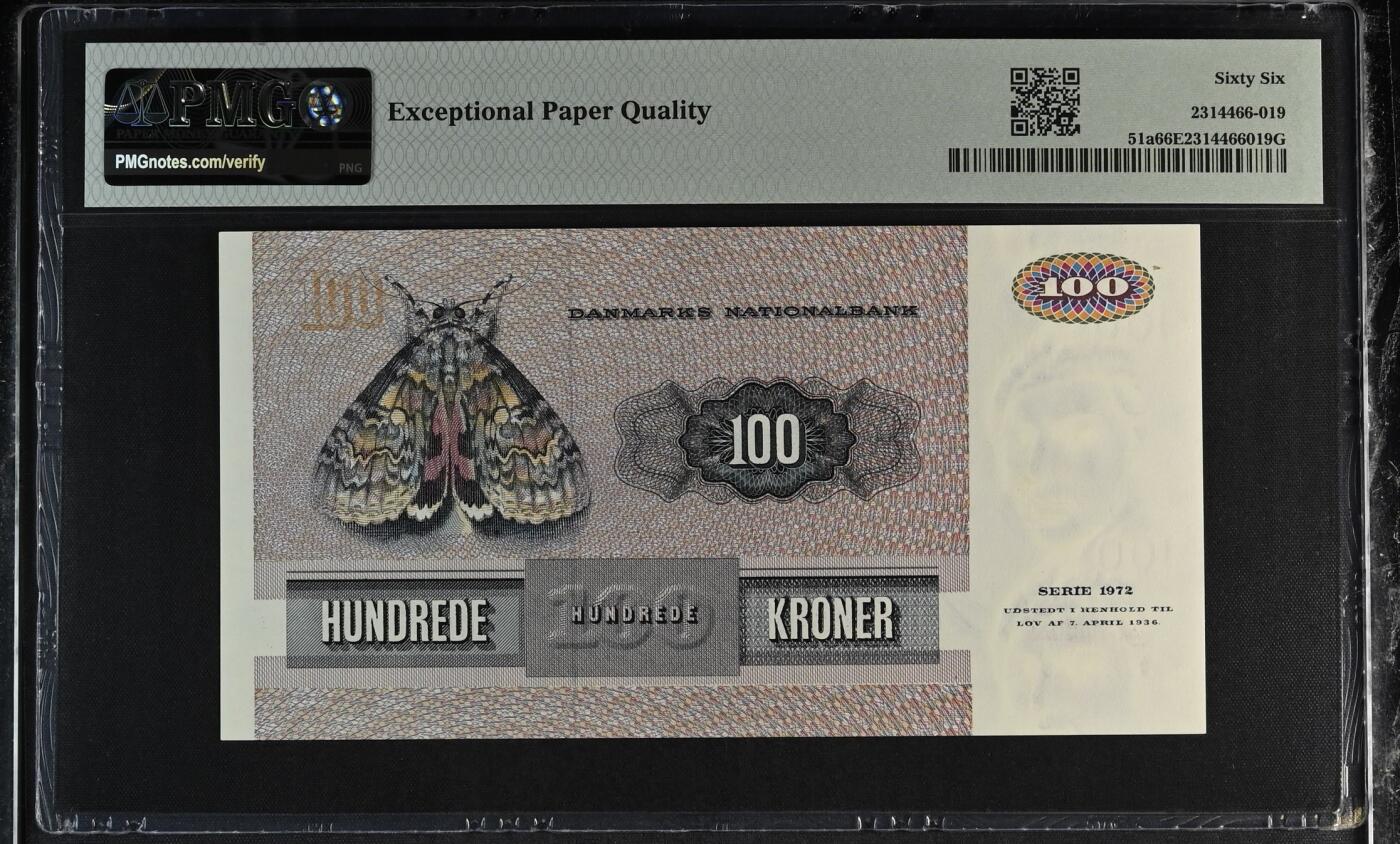 《艾美收藏》第226期-12.28周日外币精品场-蛇年收官 丹麦1972年初版A1冠100克朗PMG66E 更高分仅5张 大蛾子 Pick#51a