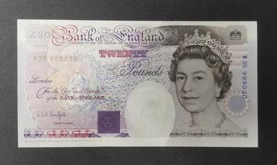 《艾美收藏》第226期-12.28周日外币精品场-蛇年收官 - 英国E序列初版皇冠版W35末冠20镑UNC靓号999030 Kentfield签名