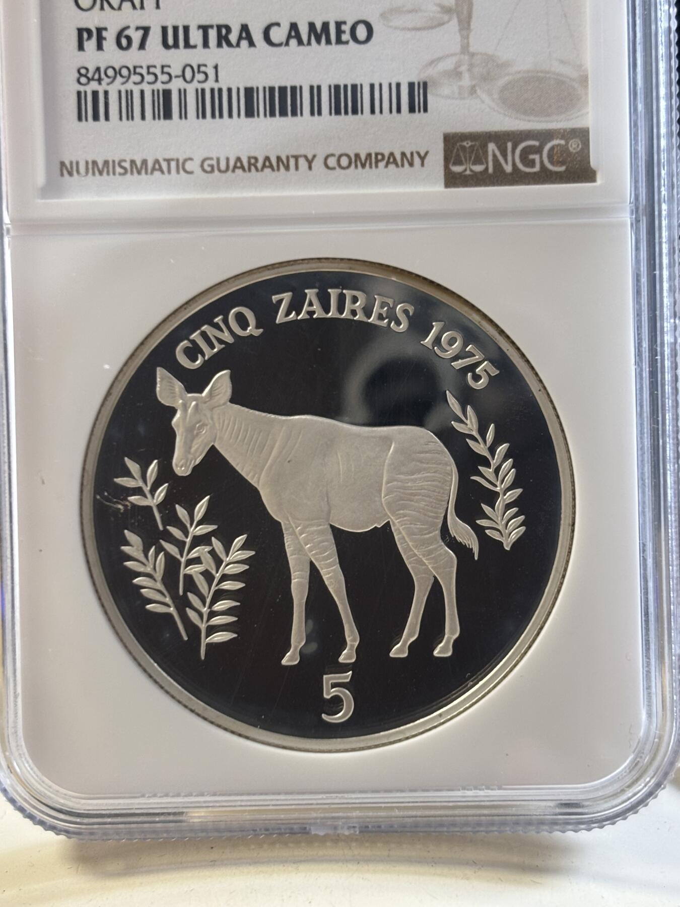 第186期拍卖 扎伊尔1975年WWF野生动物系列霍加狓精制纪念银币NGC-PF67,925银，35克