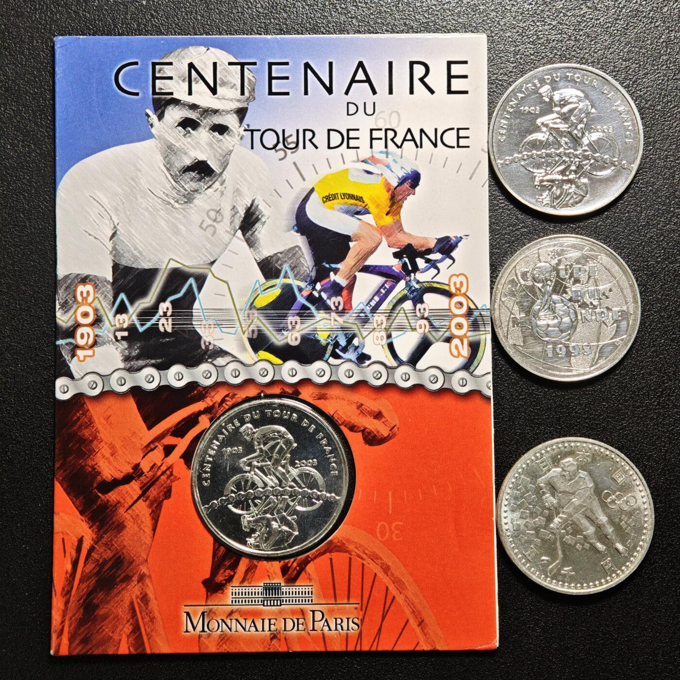 【德藏】世界币章拍卖第159期(元旦专场拍卖) 4枚一组 2003年 法国环法自行车赛百年纪念银币(2枚) 1998年 法国世界杯1法郎纪念币 1998年 日本长野冬奥会5000日元纪念银币 好品相