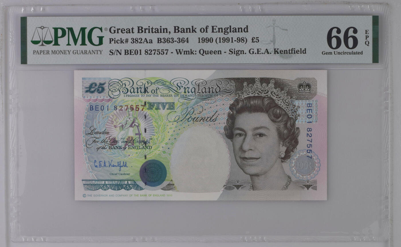 《艾美收藏》第226期-12.28周日外币精品场-蛇年收官 英国E序列初版1990(ND1991-98)年BE01冠5磅PMG66E无4，Kentfield签名 Pick#382Aa