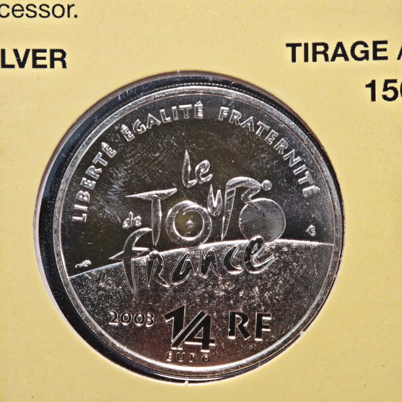 【德藏】世界币章拍卖第159期(元旦专场拍卖) 4枚一组 2003年 法国环法自行车赛百年纪念银币(2枚) 1998年 法国世界杯1法郎纪念币 1998年 日本长野冬奥会5000日元纪念银币 好品相