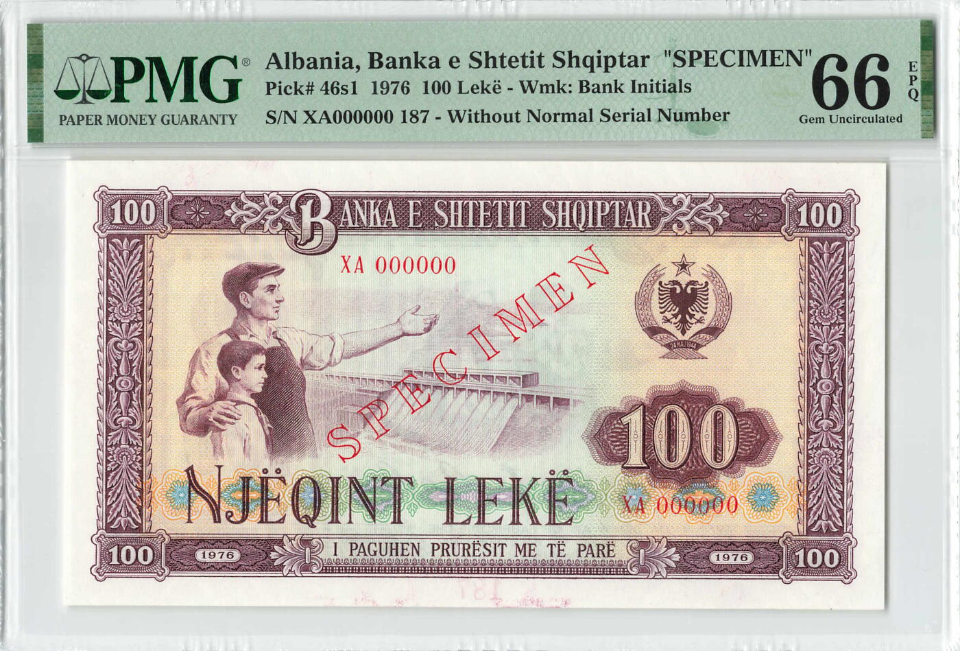 小福收藏拍卖第198期 评级币精选场  本期有菲律宾百位靓号100000比索超大纪念钞 苏里南25000盾花鸟版最高值 柬埔寨珍品56年50瑞尔 南越未发行版最高值打飞机  巴哈马彩背 老挝中国代印57年样钞 匈牙利 斯洛伐克 法罗群岛等多国精美高分珍稀老钞精品纸币 阿尔巴尼亚 1976年 100列克 样钞 PMG66 EPQ 亚军分(冠军分仅1枚）