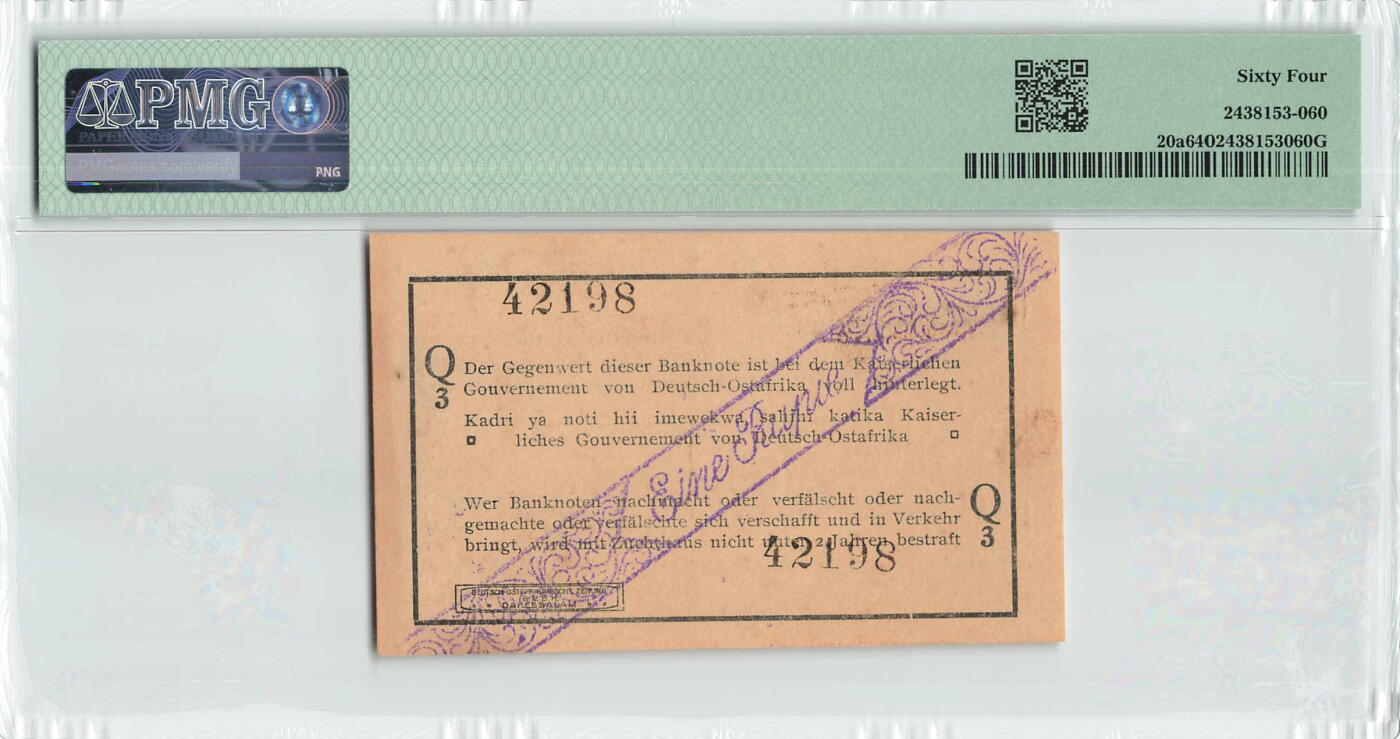 小福收藏拍卖第198期 评级币精选场  本期有菲律宾百位靓号100000比索超大纪念钞 苏里南25000盾花鸟版最高值 柬埔寨珍品56年50瑞尔 南越未发行版最高值打飞机  巴哈马彩背 老挝中国代印57年样钞 匈牙利 斯洛伐克 法罗群岛等多国精美高分珍稀老钞精品纸币 德属东非 1916年 1 Rupie 尾8 PMG64 季军分