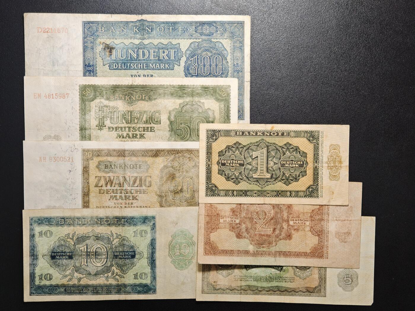 【德藏】世界币章拍卖第159期(元旦专场拍卖) 7张一组 1948年版 德国1、2、5、10、20、50、100马克纸币 二战后西德发行的第一套纸币