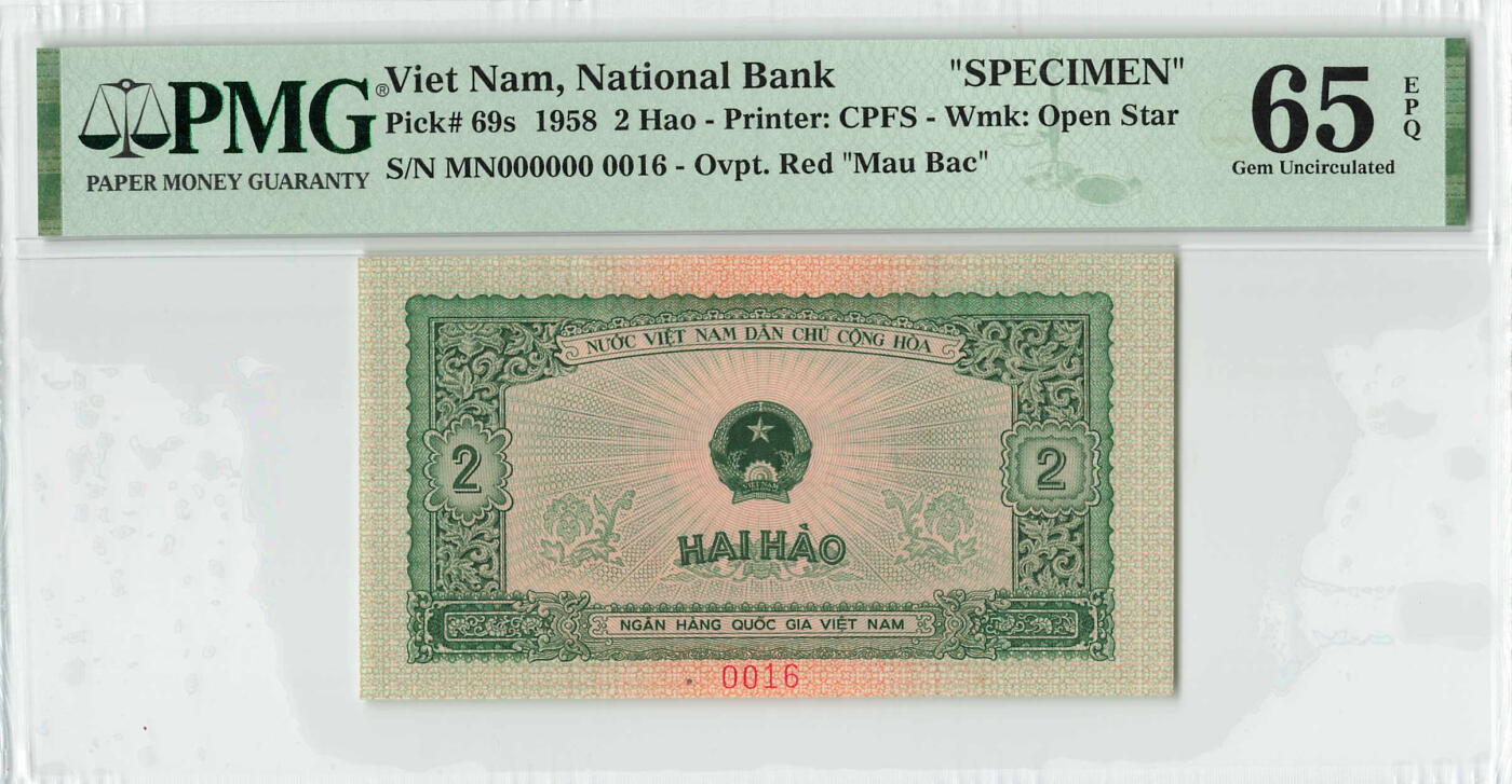 小福收藏拍卖第198期 评级币精选场  本期有菲律宾百位靓号100000比索超大纪念钞 苏里南25000盾花鸟版最高值 柬埔寨珍品56年50瑞尔 南越未发行版最高值打飞机  巴哈马彩背 老挝中国代印57年样钞 匈牙利 斯洛伐克 法罗群岛等多国精美高分珍稀老钞精品纸币 越南 1958年 2毫 样钞 中国代印 倒置号16号 PMG65 EPQ