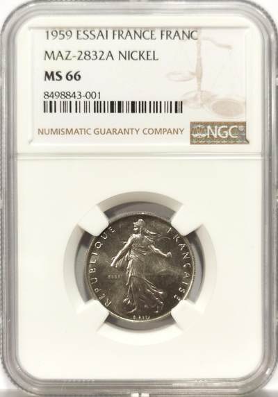 博洋堂世界钱币拍卖第154期（全场包邮） - NGC MS66 法国1959年播种女神1法郎镍质样币，麦稀奇首见，仅有1枚更高分