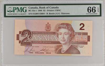 《艾美收藏》第226期-12.28周日外币精品场-蛇年收官 - 加拿大1986年2元PMG66E 经典鸟版 女王 BC-55c-i