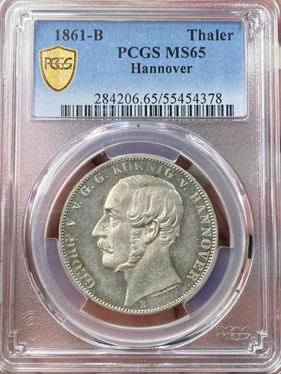 万国钱币拍卖第058期（万国新年大拍） PCGS MS65 1861年德国汉诺威流通狮马泰勒 流通狮马中的少见年份 BU品质极其难得 极强的浮雕镜面和喷砂质感 实物上手状态惊艳 PC亚军分更高仅一枚
