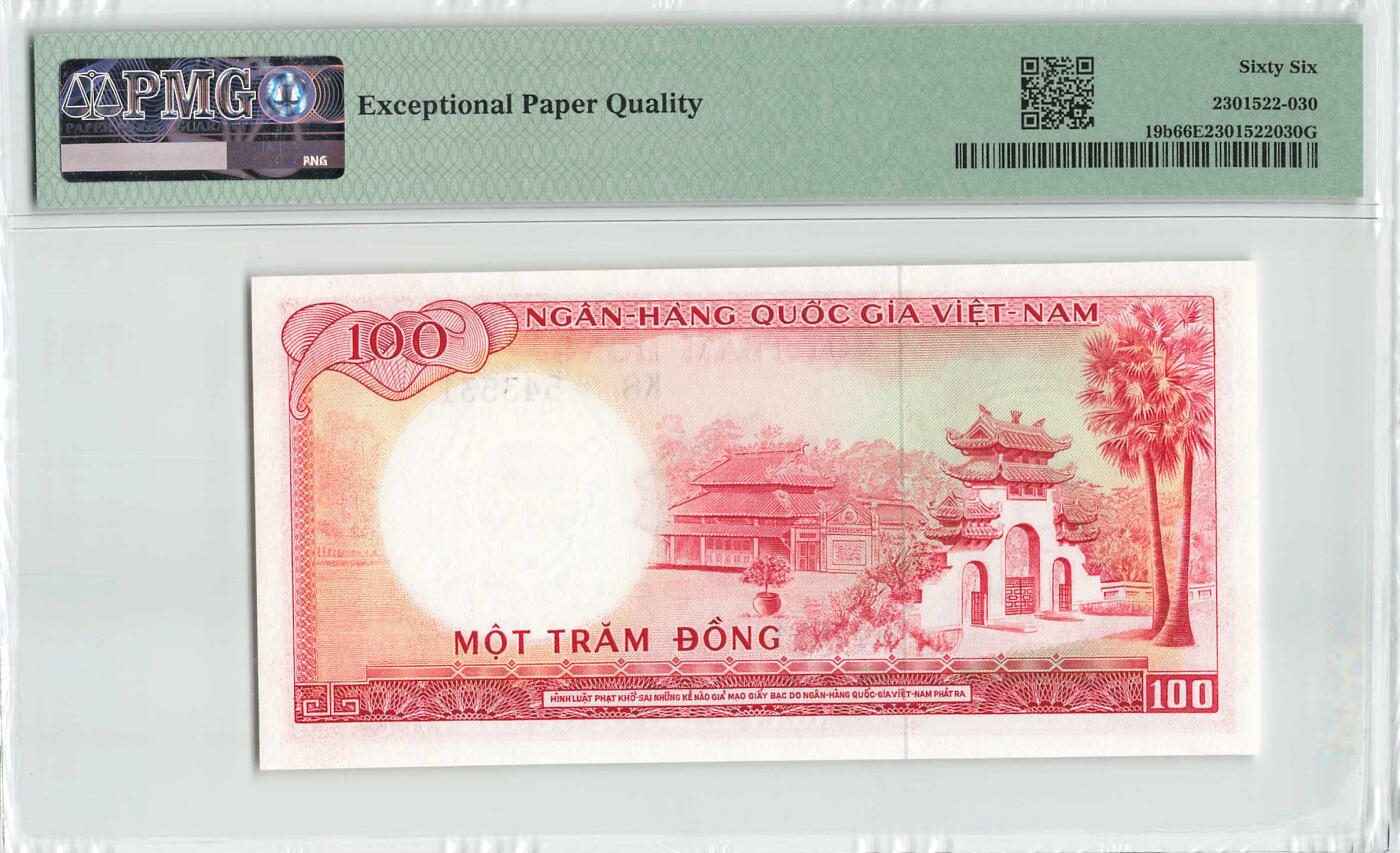 小福收藏拍卖第198期 评级币精选场  本期有菲律宾百位靓号100000比索超大纪念钞 苏里南25000盾花鸟版最高值 柬埔寨珍品56年50瑞尔 南越未发行版最高值打飞机  巴哈马彩背 老挝中国代印57年样钞 匈牙利 斯洛伐克 法罗群岛等多国精美高分珍稀老钞精品纸币 南越 1966年 100盾 人像水印版 PMG66 EPQ 亚军分