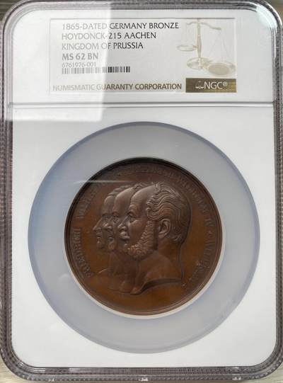 万国钱币拍卖第058期（万国新年大拍） NGC MS62 1865年德国老三皇（普鲁士威廉三世、四世，帝国威廉一世）纪念亚琛市政厅建成大铜章 高浮雕大规格原铜色巨型 70MM 126G