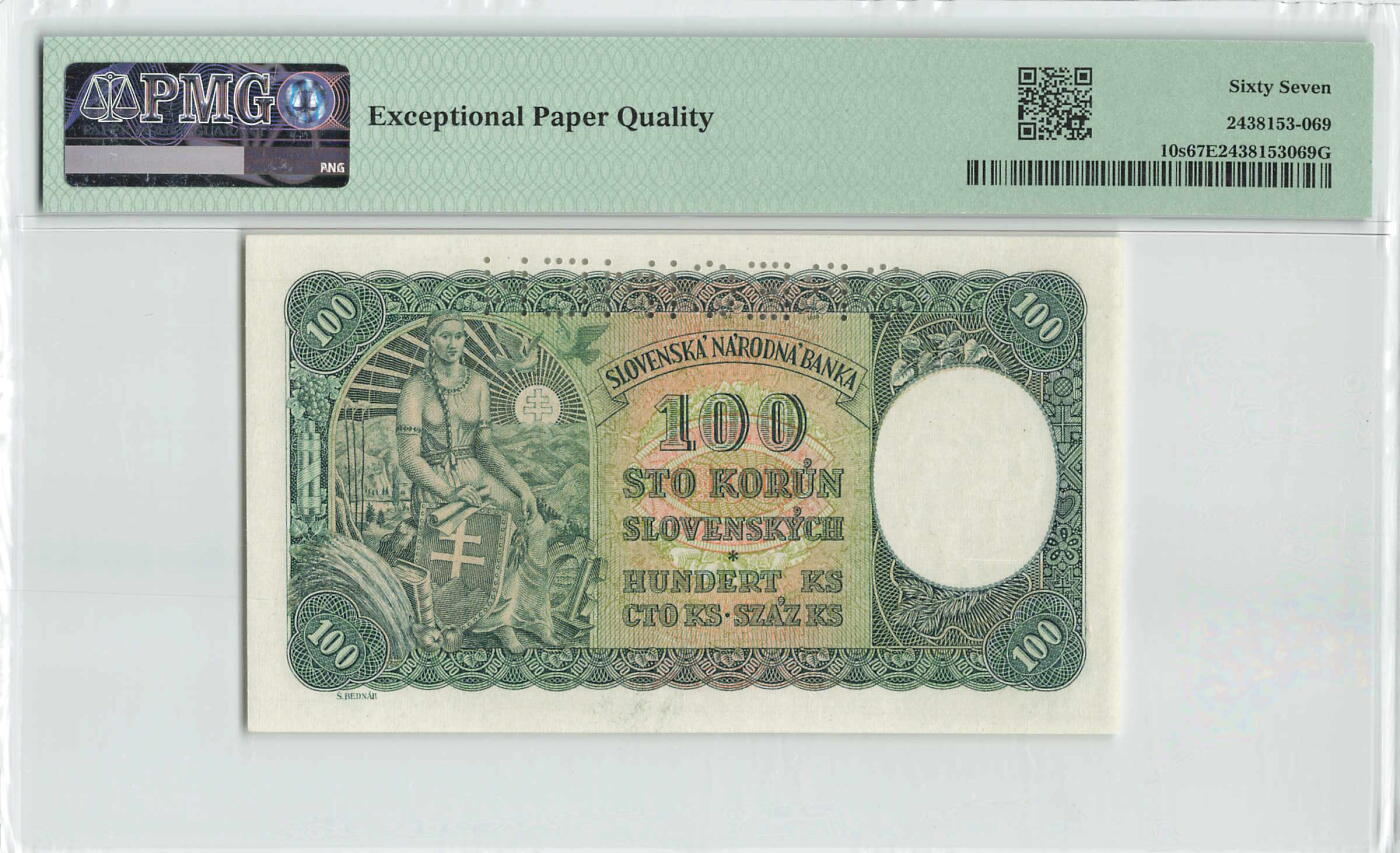 小福收藏拍卖第198期 评级币精选场  本期有菲律宾百位靓号100000比索超大纪念钞 苏里南25000盾花鸟版最高值 柬埔寨珍品56年50瑞尔 南越未发行版最高值打飞机  巴哈马彩背 老挝中国代印57年样钞 匈牙利 斯洛伐克 法罗群岛等多国精美高分珍稀老钞精品纸币 斯洛伐克 1940年 100克朗 样钞 尾8 PMG67 EPQ 亚军分（冠军分仅1枚）