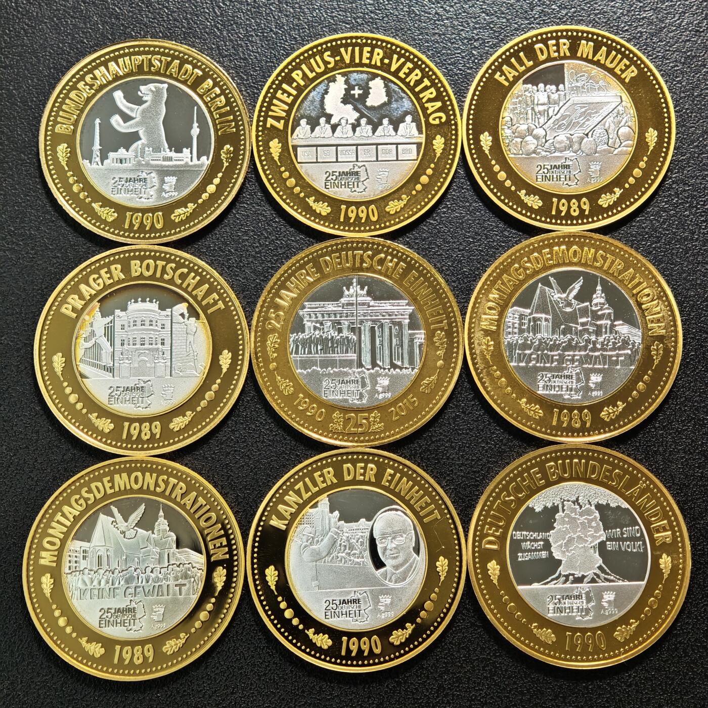 【德藏】世界币章拍卖第159期(元旦专场拍卖) 25枚一组 现代德国统一双色镀金镀银纪念章 直径约：32.5mm/枚；重约：9.42g/枚（说明卡23个）