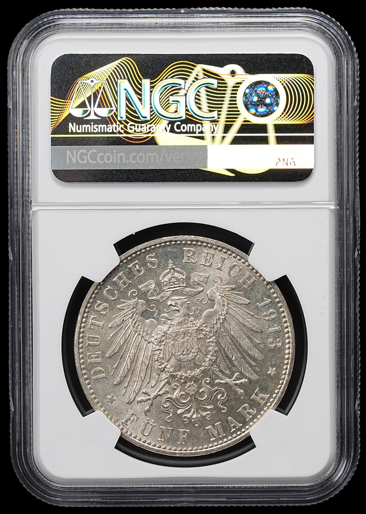 修遠堂世界钱币第九十九期 NGC MS63 1913年巴伐利亚5马克大银币 流通版5马克MS少见