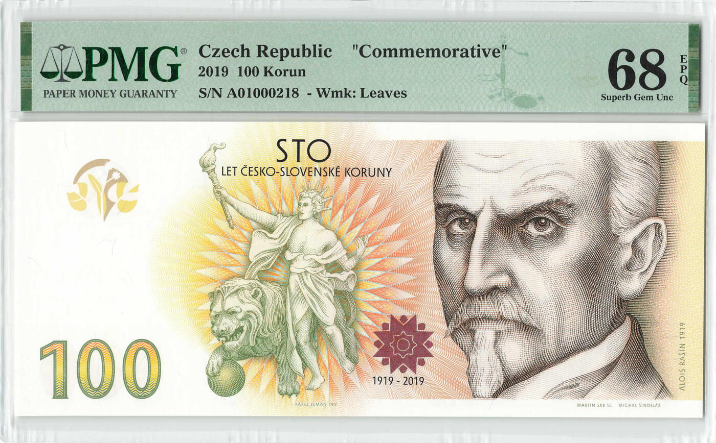 小福收藏拍卖第198期 评级币精选场  本期有菲律宾百位靓号100000比索超大纪念钞 苏里南25000盾花鸟版最高值 柬埔寨珍品56年50瑞尔 南越未发行版最高值打飞机  巴哈马彩背 老挝中国代印57年样钞 匈牙利 斯洛伐克 法罗群岛等多国精美高分珍稀老钞精品纸币 捷克 2019年 100克朗 捷克克朗诞生100周年纪念钞修改复制品 发行量只有2000枚 收藏价值也很高 带册 A01冠 218百位小号 PMG68 EPQ