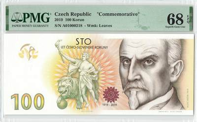 小福收藏拍卖第198期 评级币精选场  本期有菲律宾百位靓号100000比索超大纪念钞 苏里南25000盾花鸟版最高值 柬埔寨珍品56年50瑞尔 南越未发行版最高值打飞机  巴哈马彩背 老挝中国代印57年样钞 匈牙利 斯洛伐克 法罗群岛等多国精美高分珍稀老钞精品纸币 - 捷克 2019年 100克朗 捷克克朗诞生100周年纪念钞修改复制品 发行量只有2000枚 收藏价值也很高 带册 A01冠 218百位小号 PMG68 EPQ