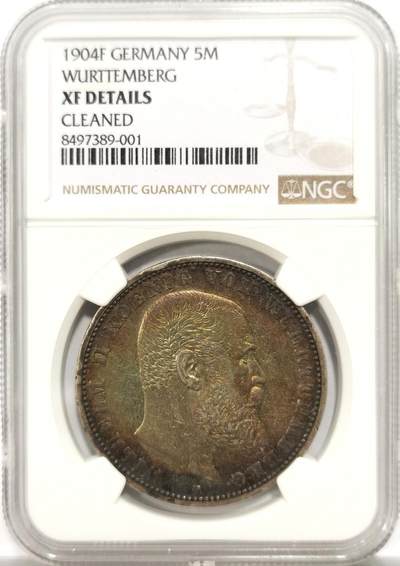 博洋堂世界钱币拍卖第154期（全场包邮） - NGC XF 德国符腾堡1904年威廉二世 5马克银币，绚丽五彩包浆